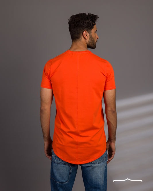 Curved Back V-Neck T- Shirt in Orange