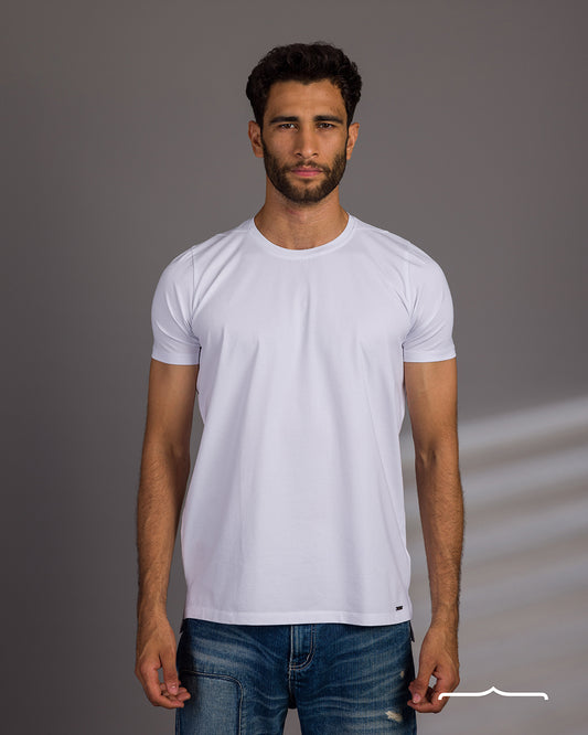 Material: 180 gm 95% Cotton 5% Lycra. Split T-shirt in White