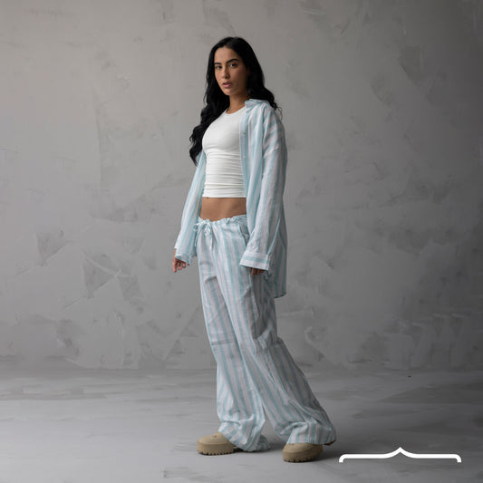 Striped Linen set in Mint Green
