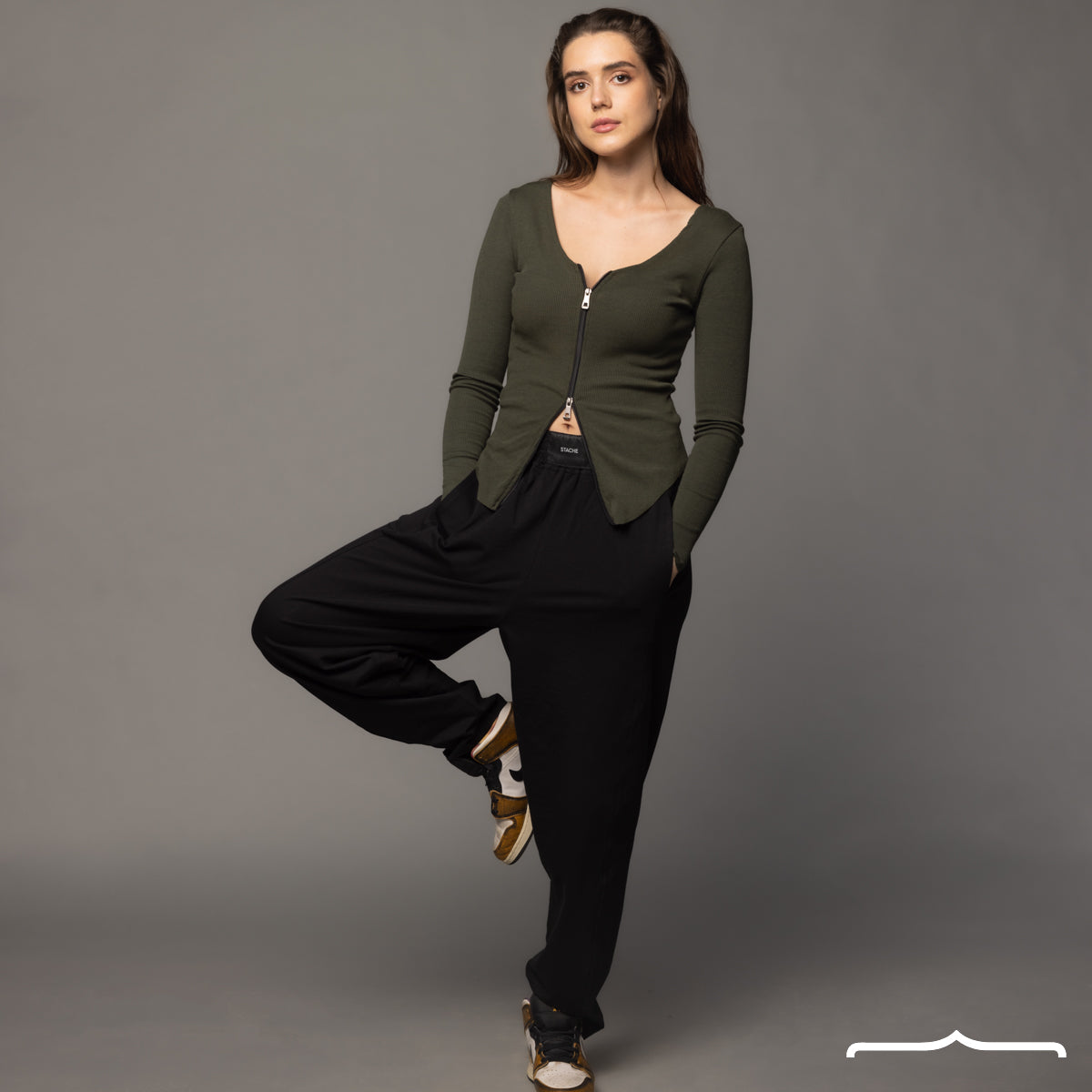 Double sided zipper top in Olive