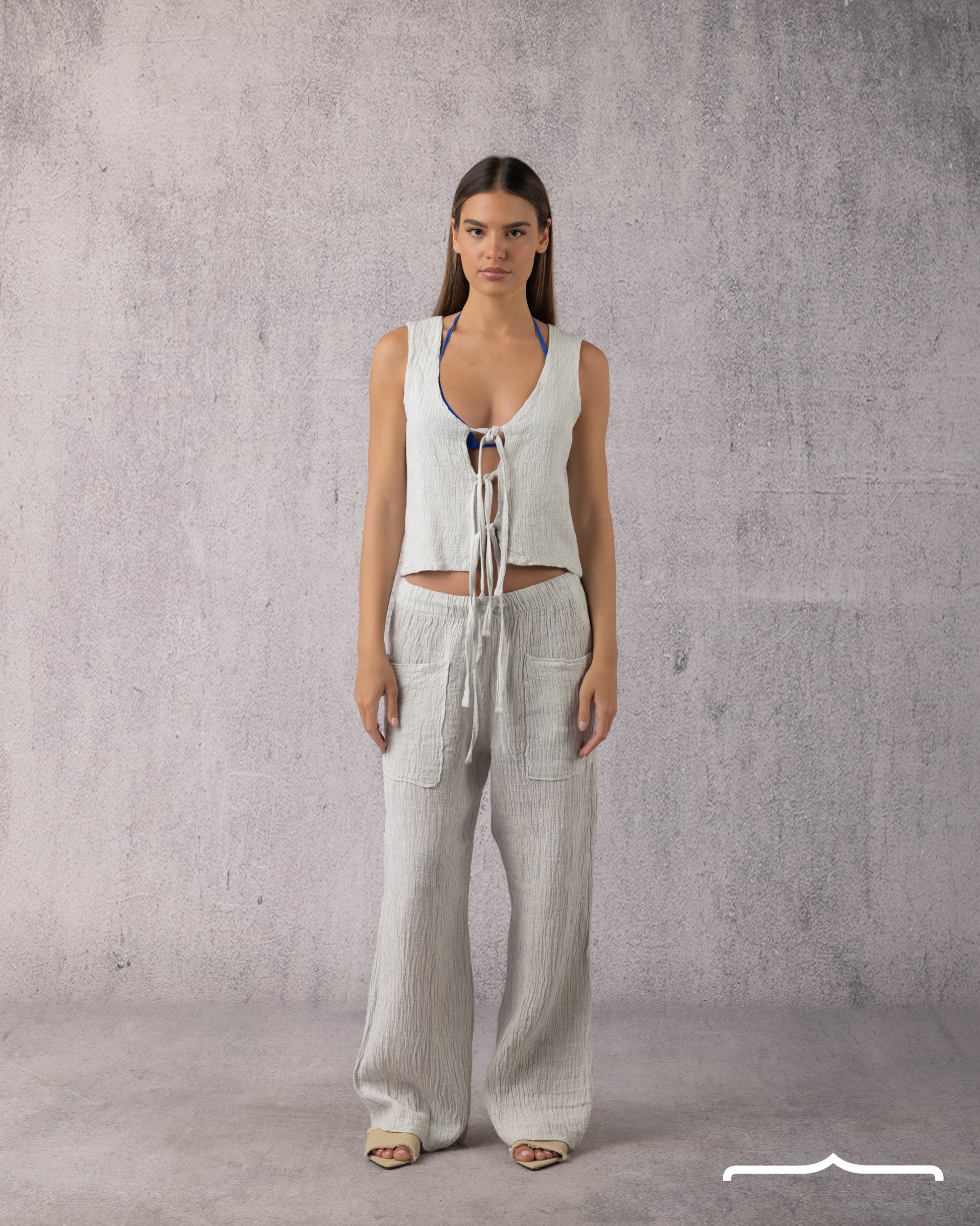 Tie Linen Set in Light Grey