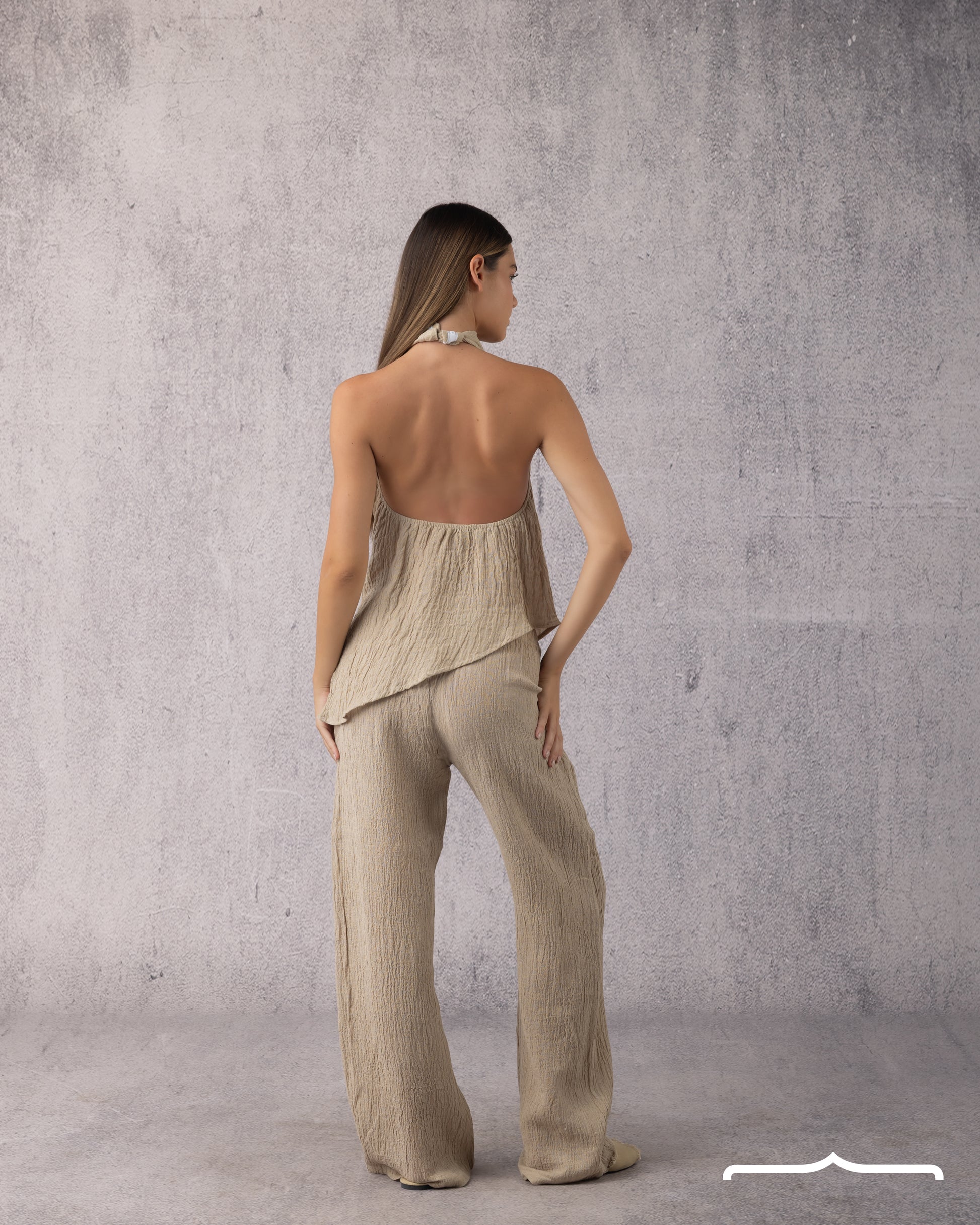 women's Asymmetrical Backless Linen Set in Beige