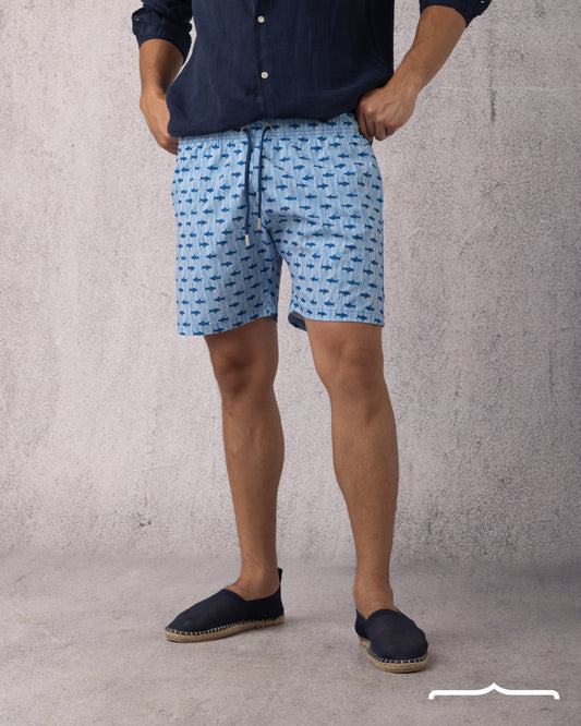 Shark Print Swim Short in Baby blue