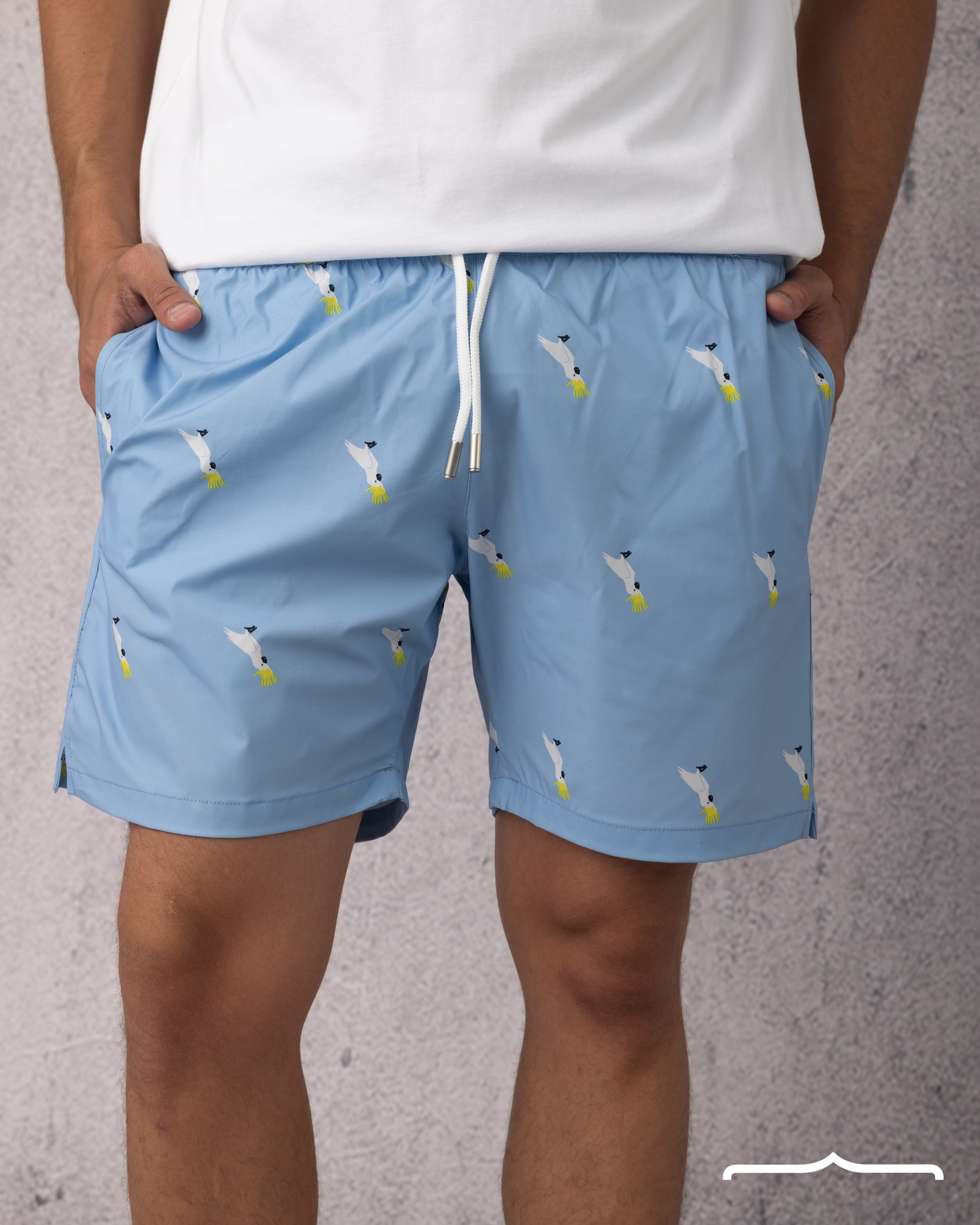men's Parrot Print Swim Short in Baby blue
