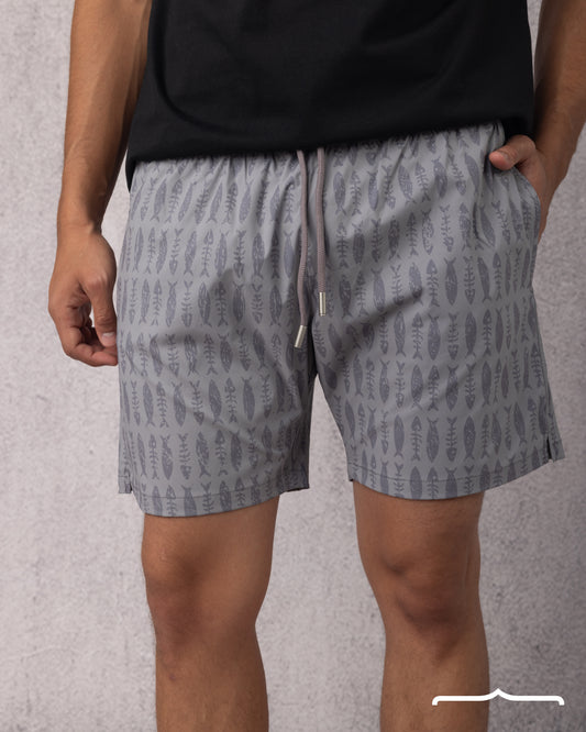 Fish Skull Print Swim Short in Grey