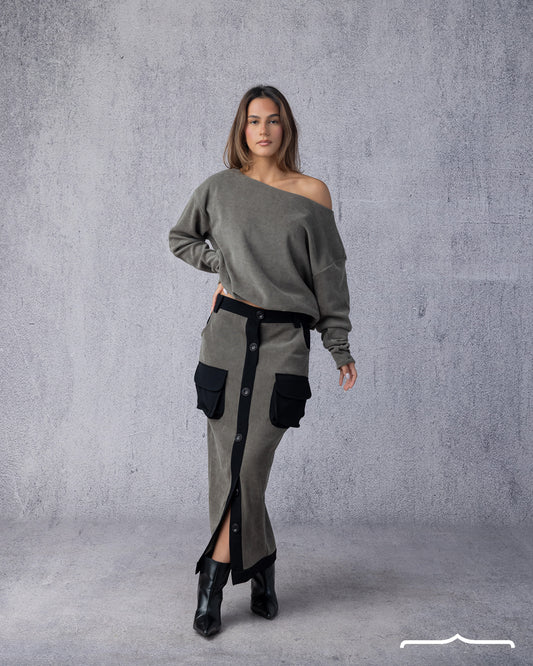Suede Off-Shoulder Set in Olive