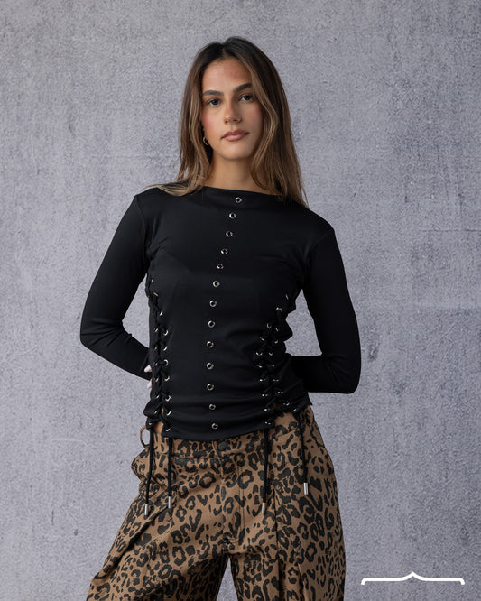 Side-Laced Structured Long Sleeve Top in Black