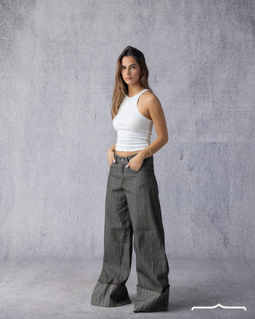 Low waist wide leg cuffed denim in Brown
