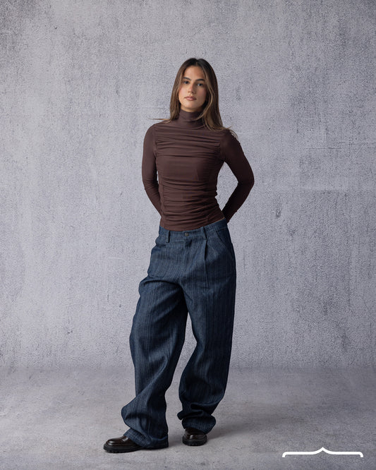 Draped High Neck Top in Brown for women