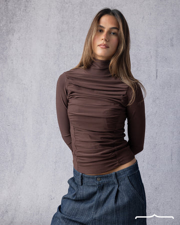 women's Draped High Neck Top in Brown