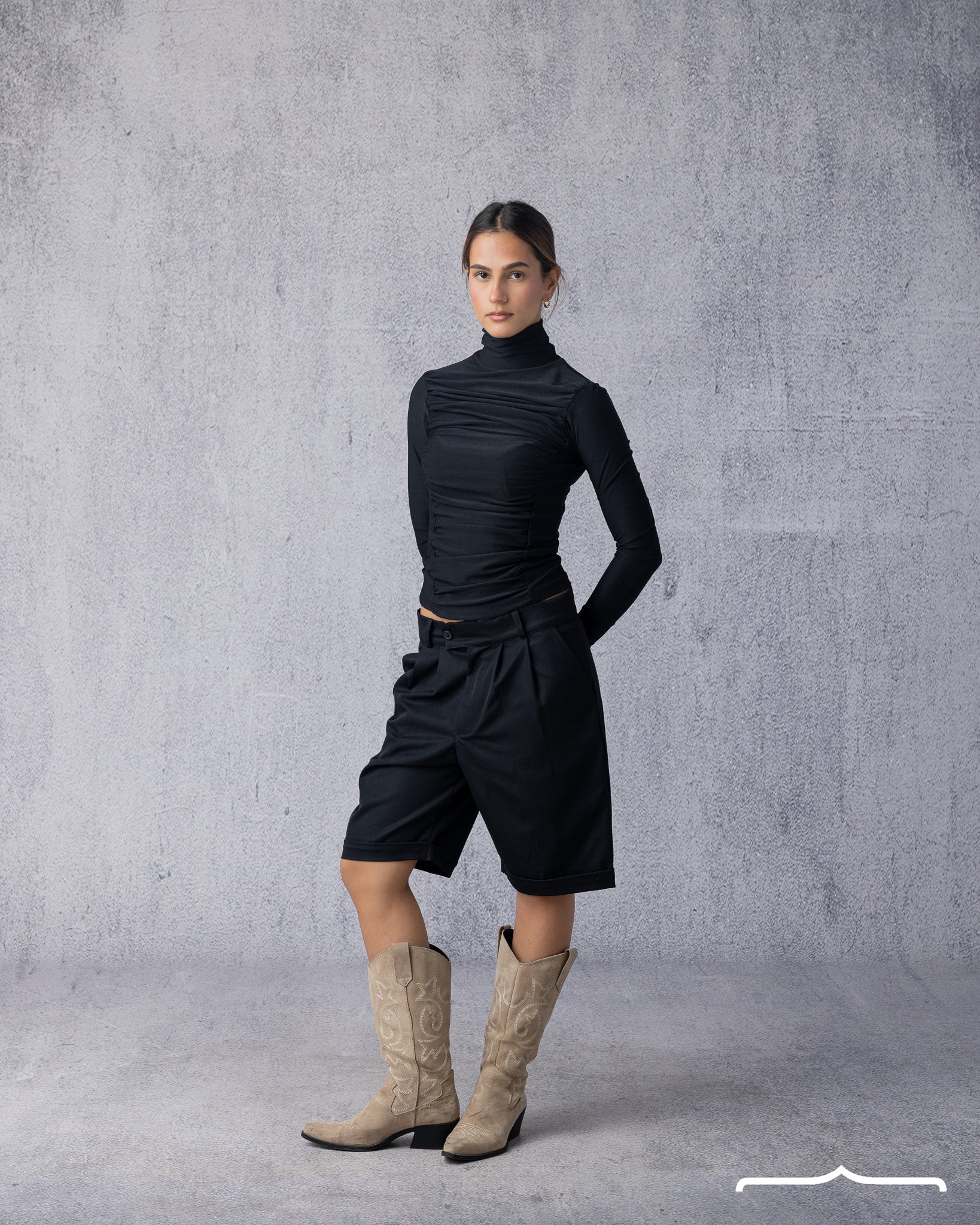 Draped High Neck Top in Black for women