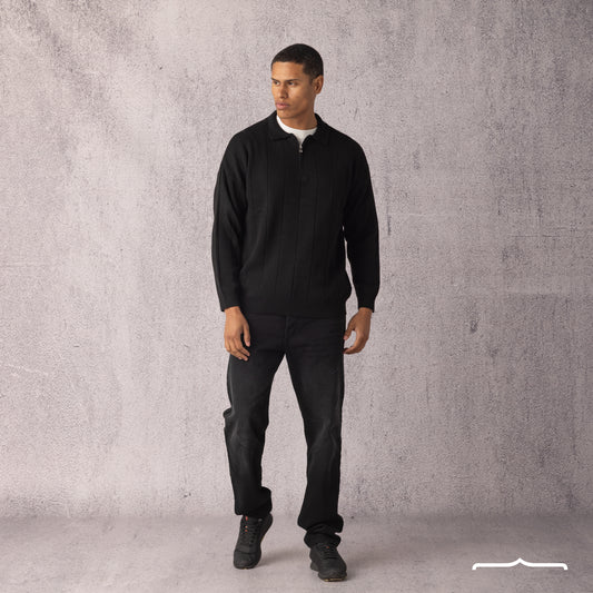 Long Sleeve Knitwear Polo in Black