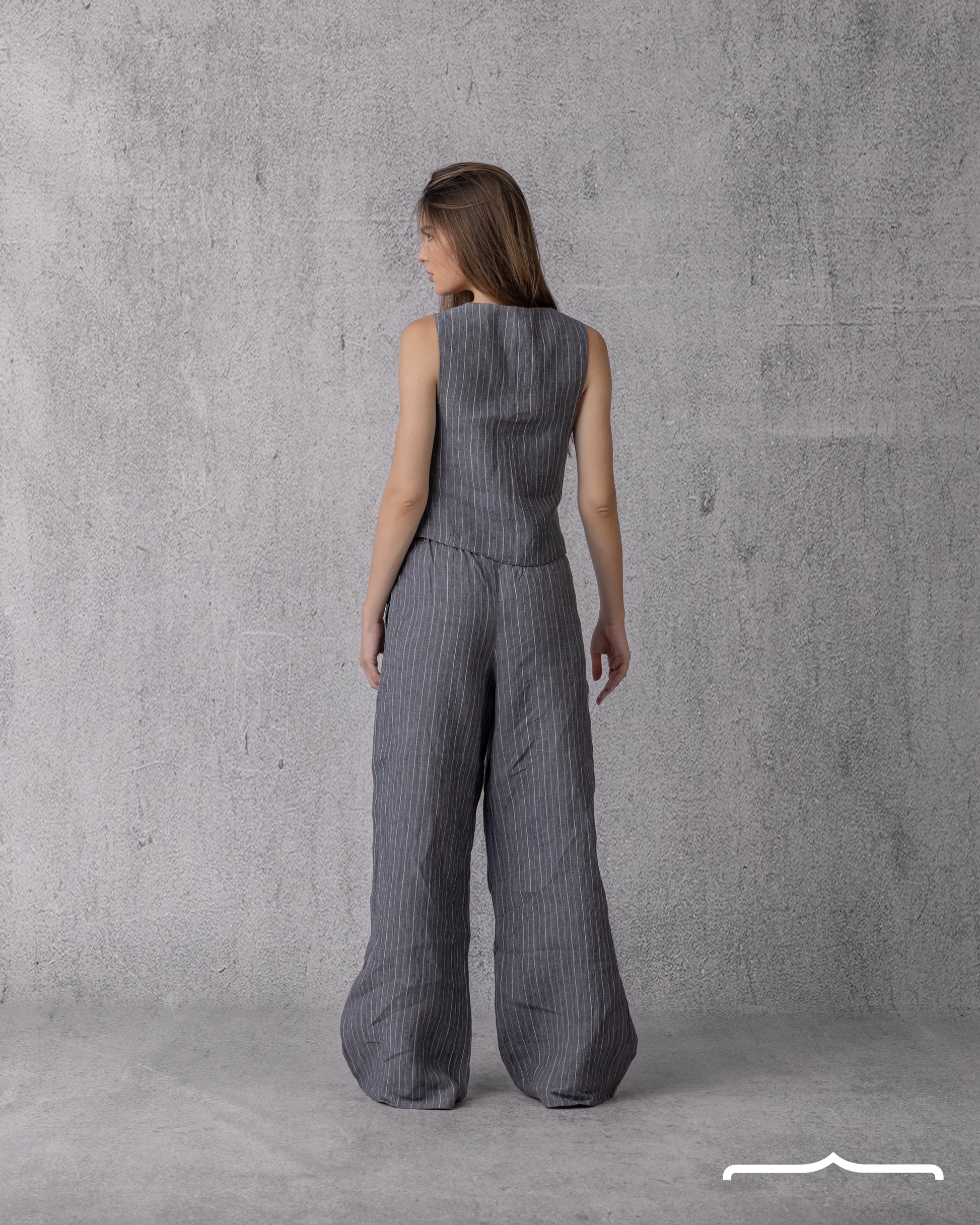 Vest Stripe Linen Set in Grey