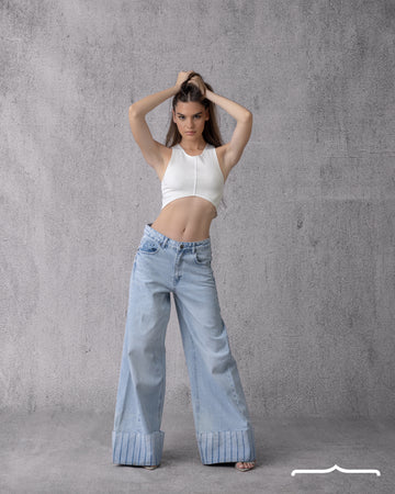 Low Waist Wide Leg Cuffed Denim