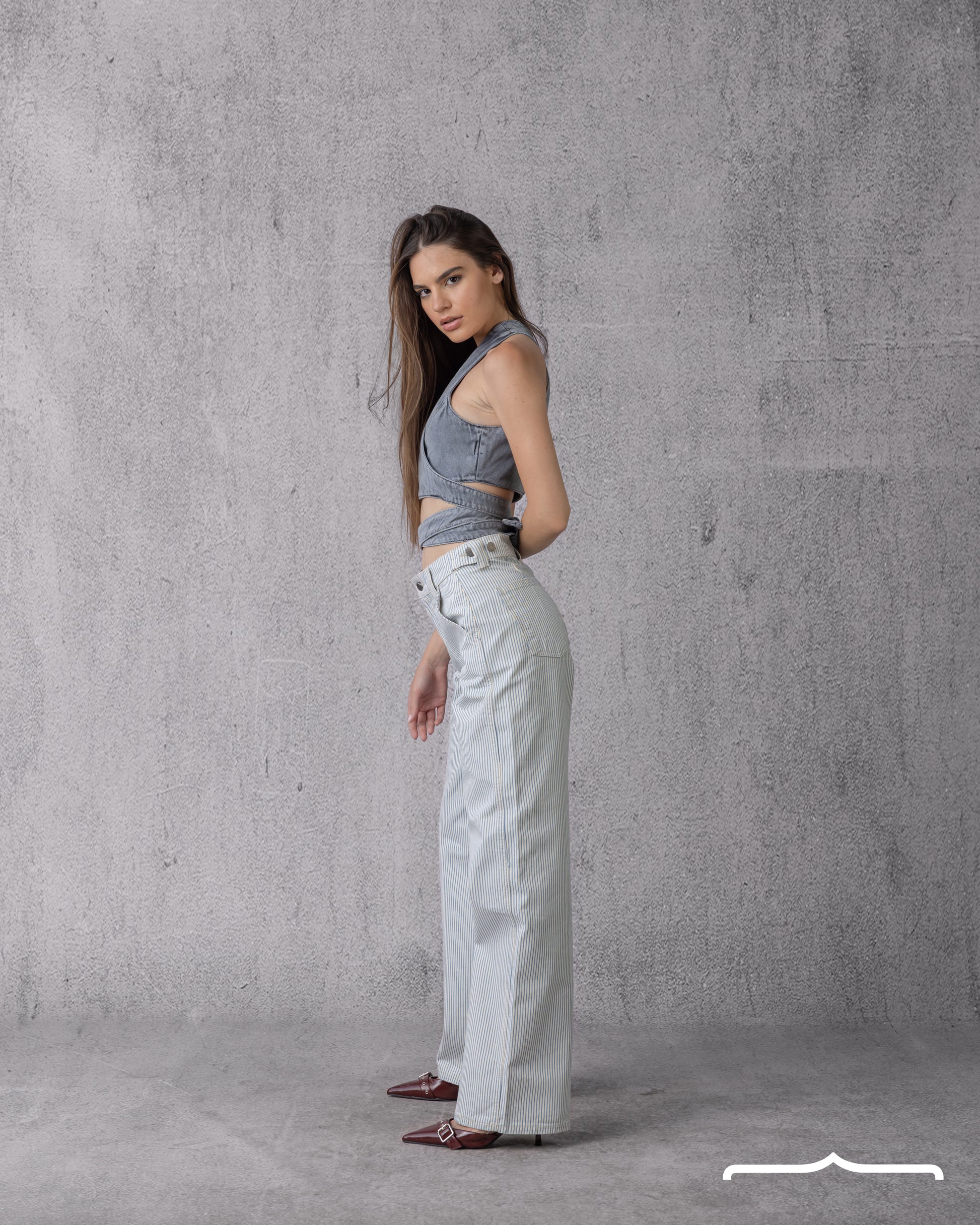 Wrap Denim Crop Top in Washed Grey