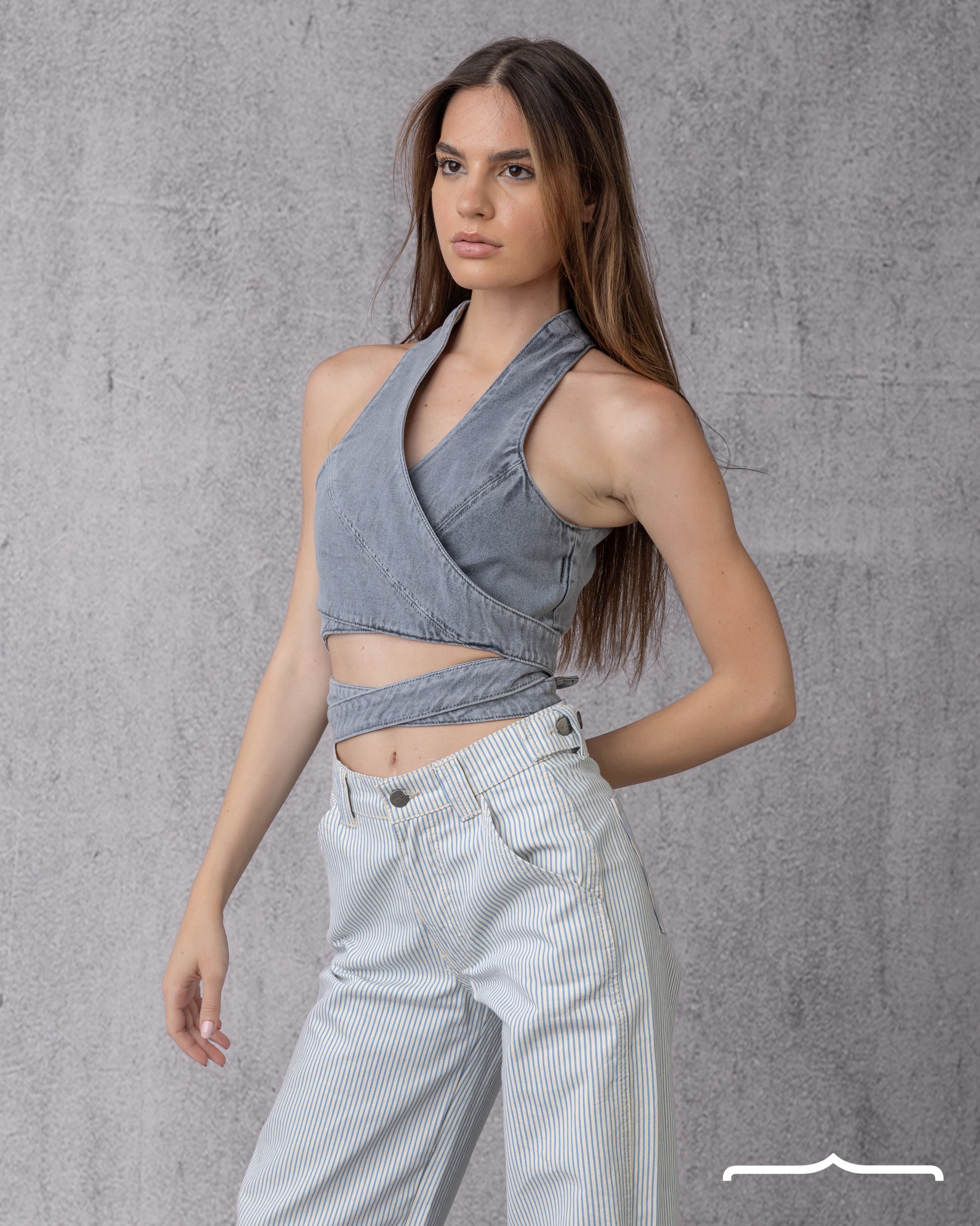 Wrap Denim Crop Top in Washed Grey