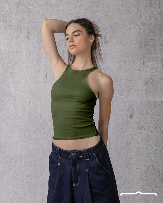 Ripped halter neck Top in Olive