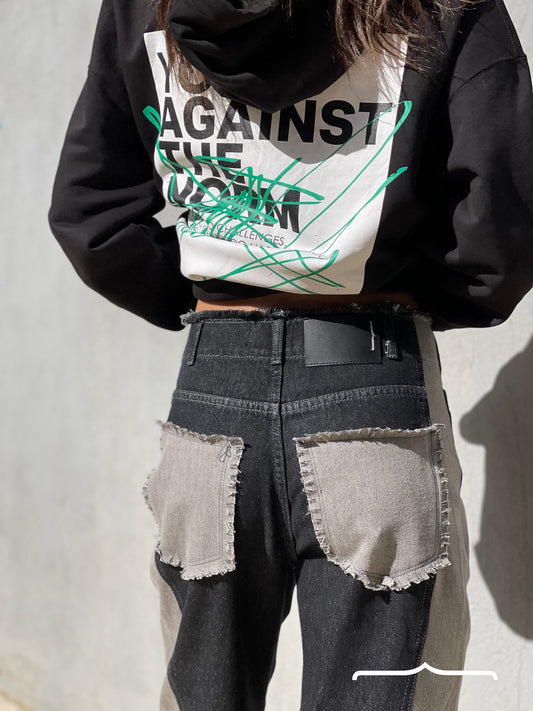 Raw Edge high waist Jeans in Grey Black