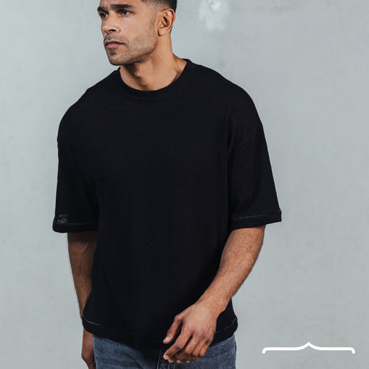 Boxy Fit Oversized Knitwear T-Shirt in Black