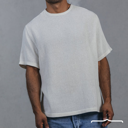 Textured Oversize T-Shirt Raw Edge Coller Beige
