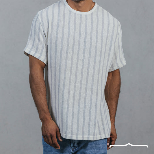 Striped Oversize shirt Raw edge Coller in White X Grey