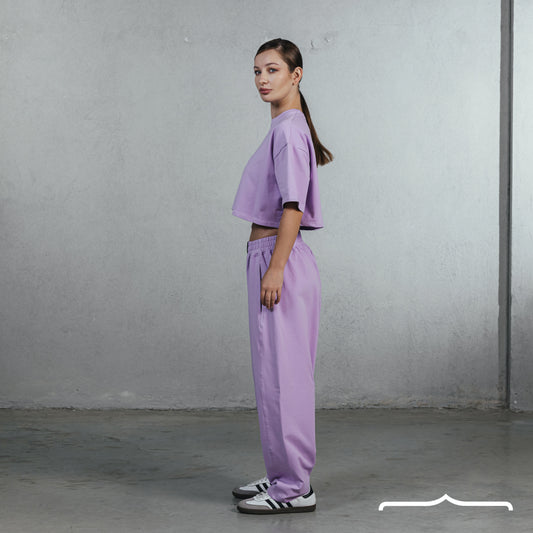 women lavender set with crop top and long pants