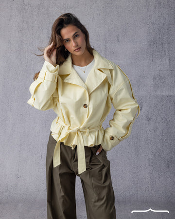 High Neck Belted Trench Jacket in Butter yellow