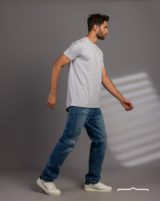 Curved Back O-Neck T-shirt in Light Grey