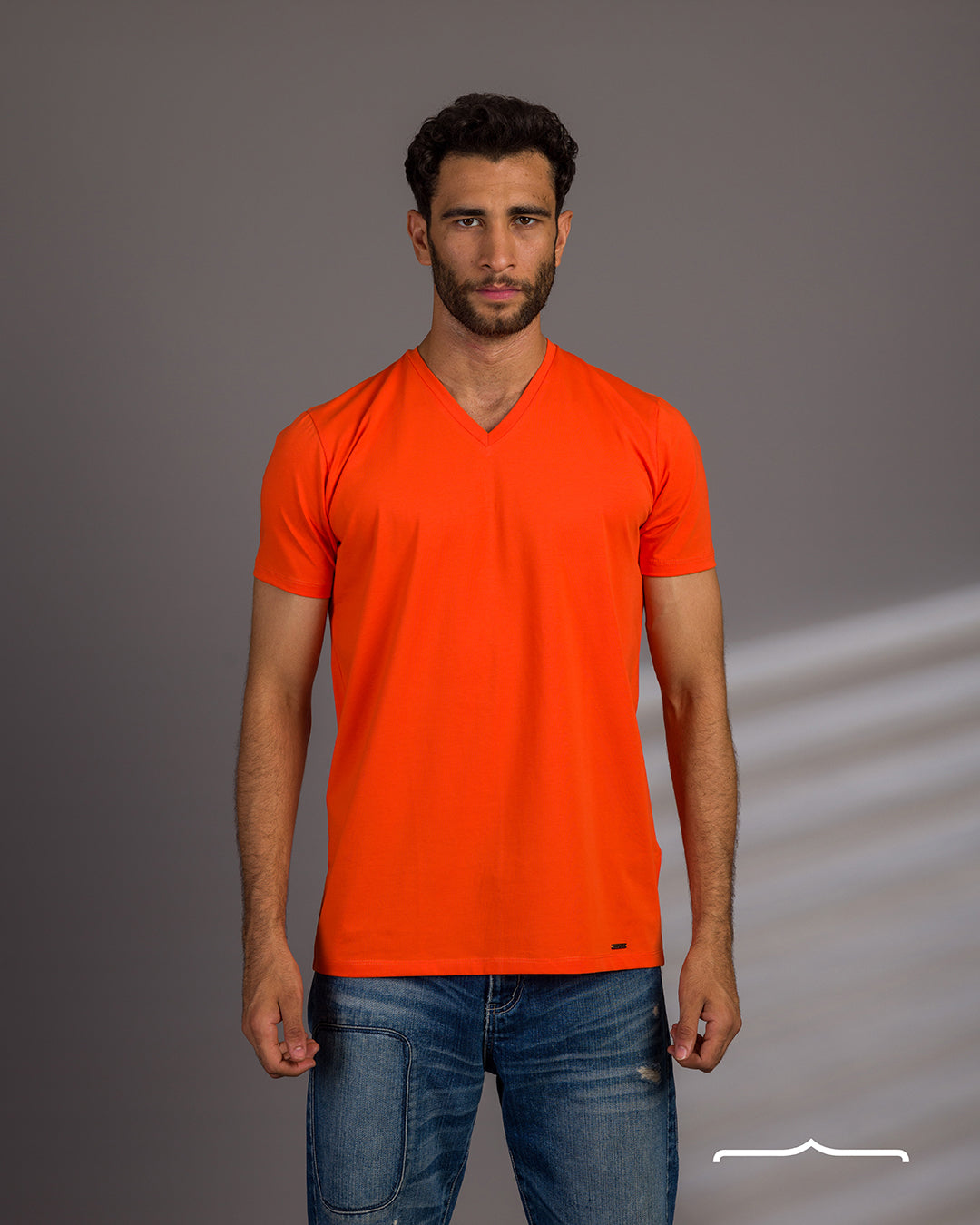 Curved Back V-Neck T- Shirt in Orange