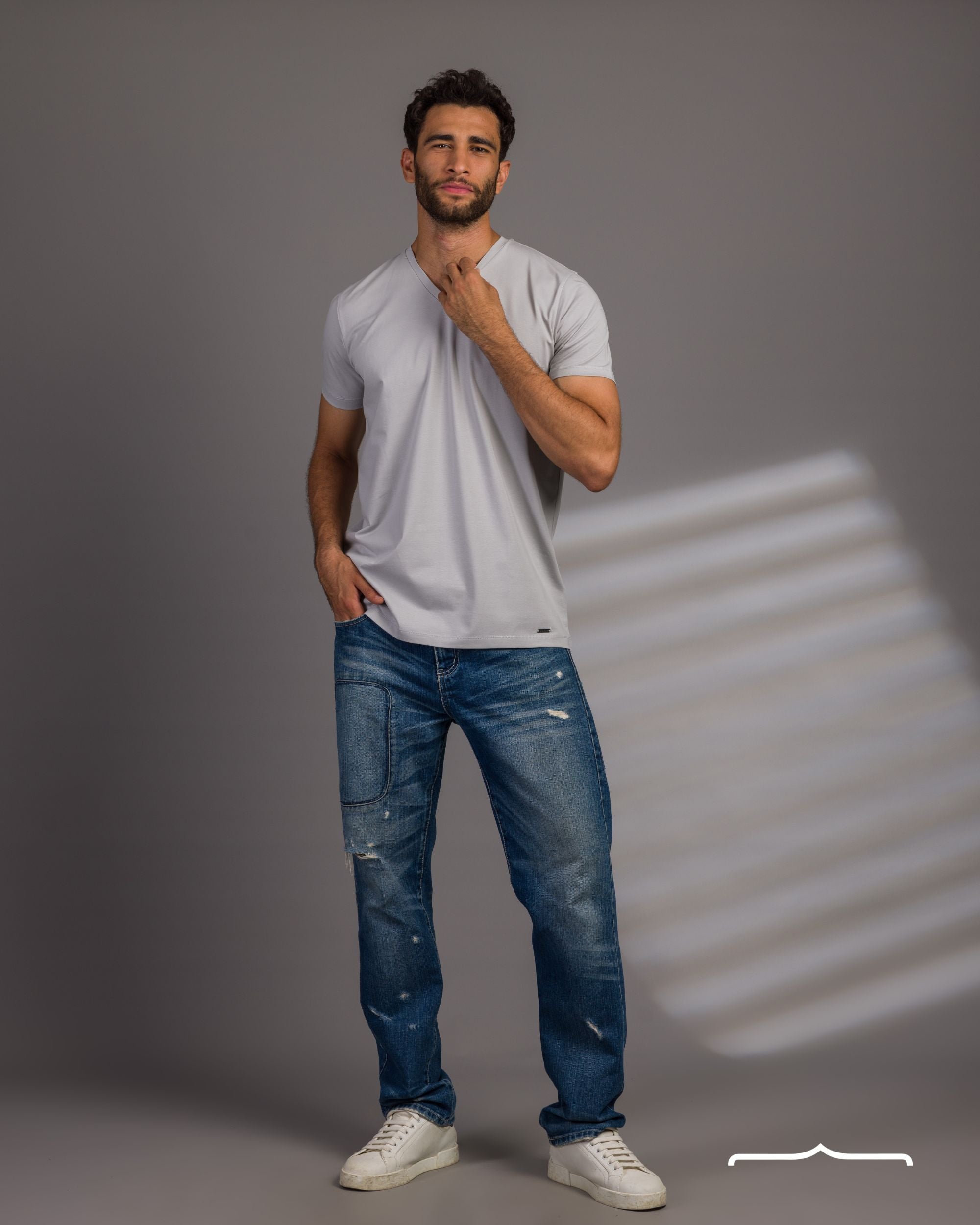 Light Grey V-Neck T-Shirt for Men - Curved Fit Style