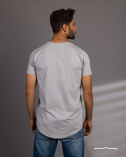 Curved Back V-Neck T- Shirt in Light Grey