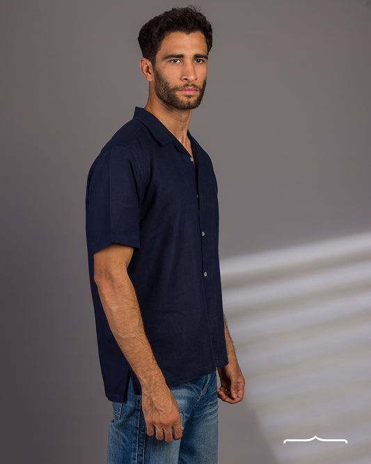 Short sleeve Linen Shirt in Navy Blue