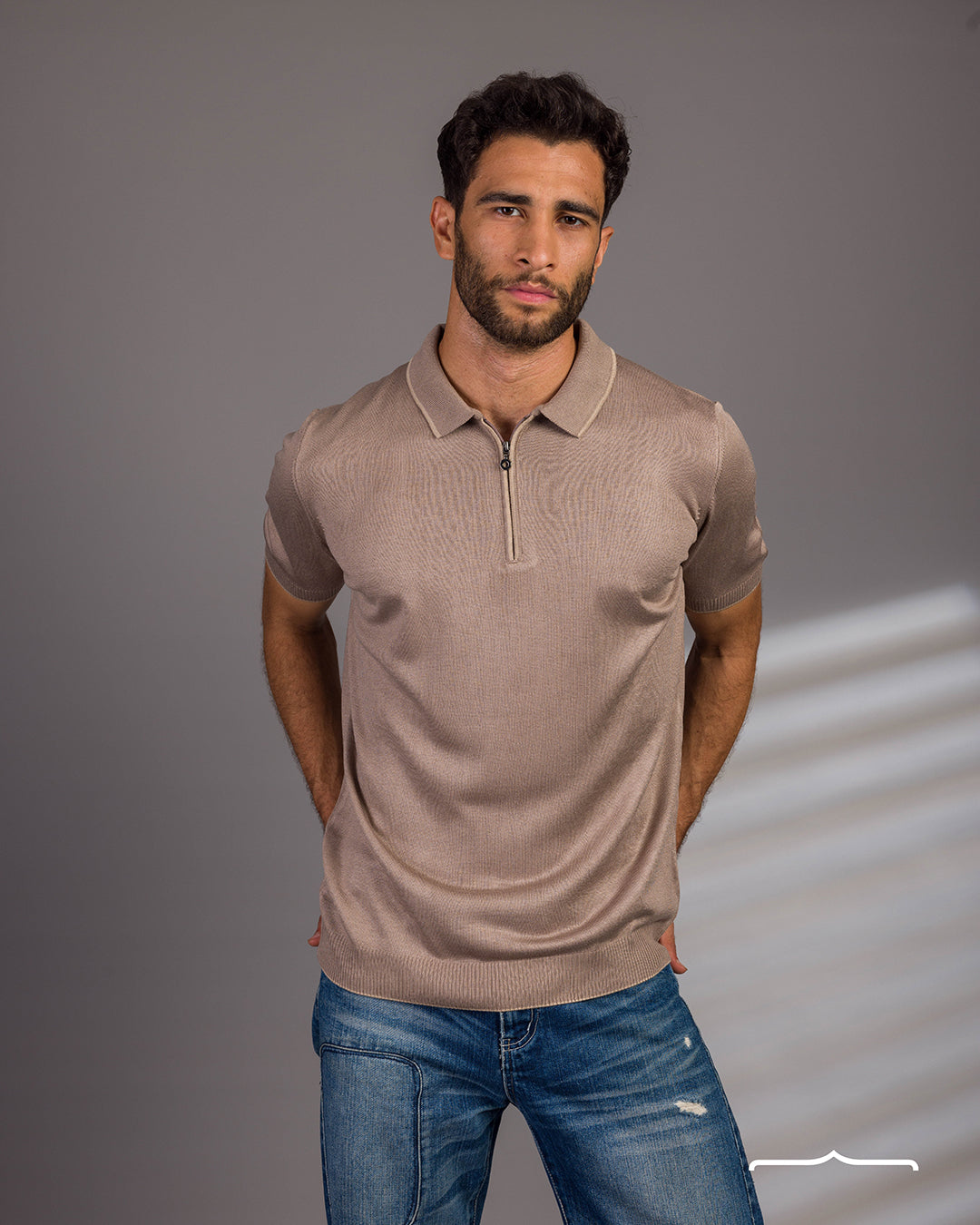 Knitwear zip up polo in Beige