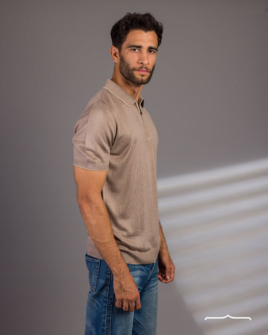 Knitwear zip up polo in Beige