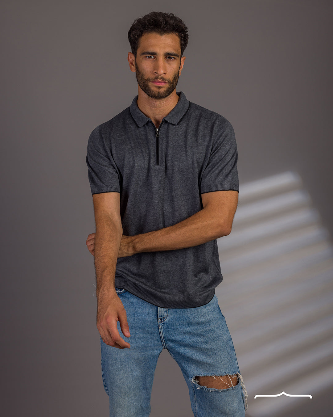 Knitwear zip up Polo in Grey