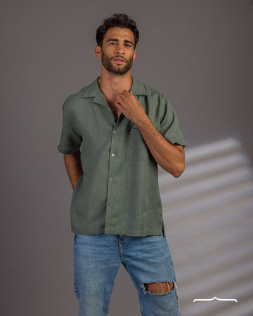 Short sleeve Linen Shirt in Olive