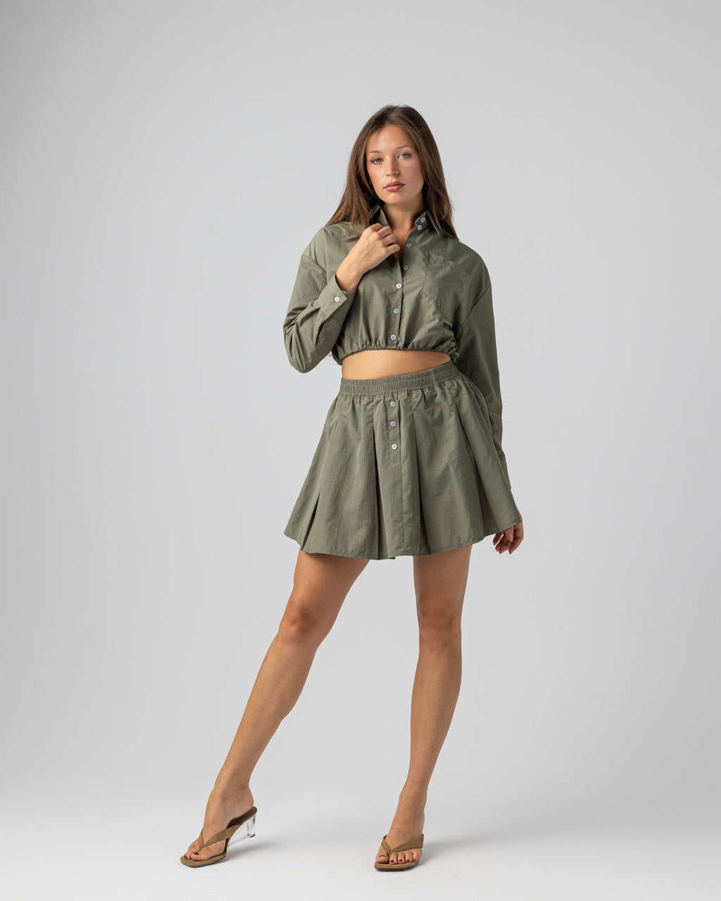 Buttoned chequered set in Olive