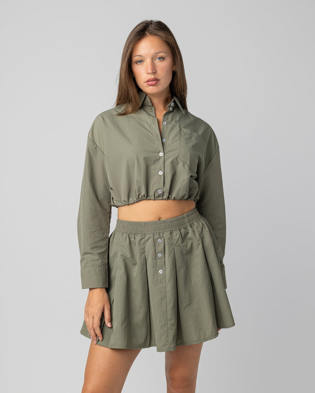Buttoned chequered set in Olive