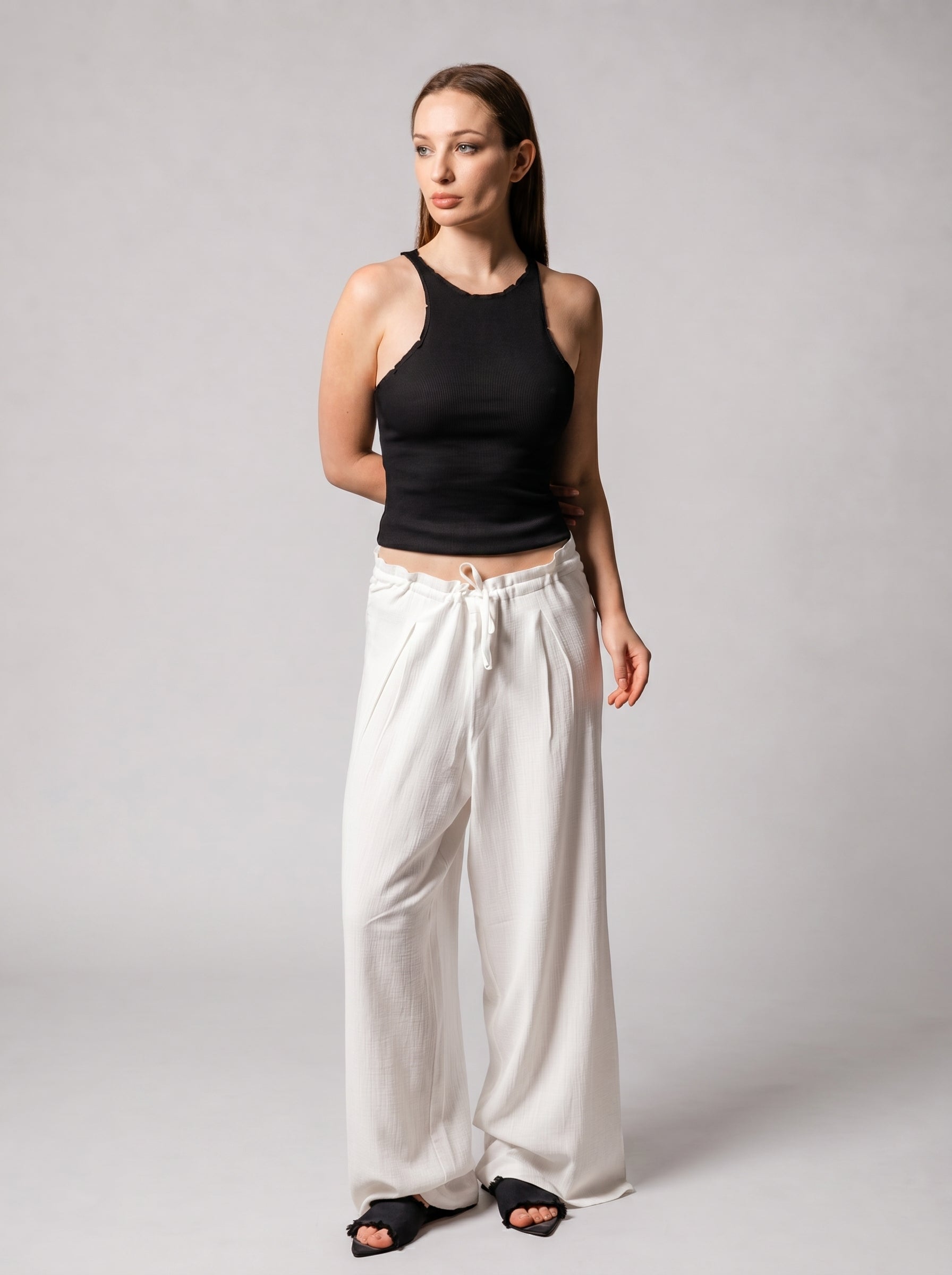 Wide leg linen pants in off-White