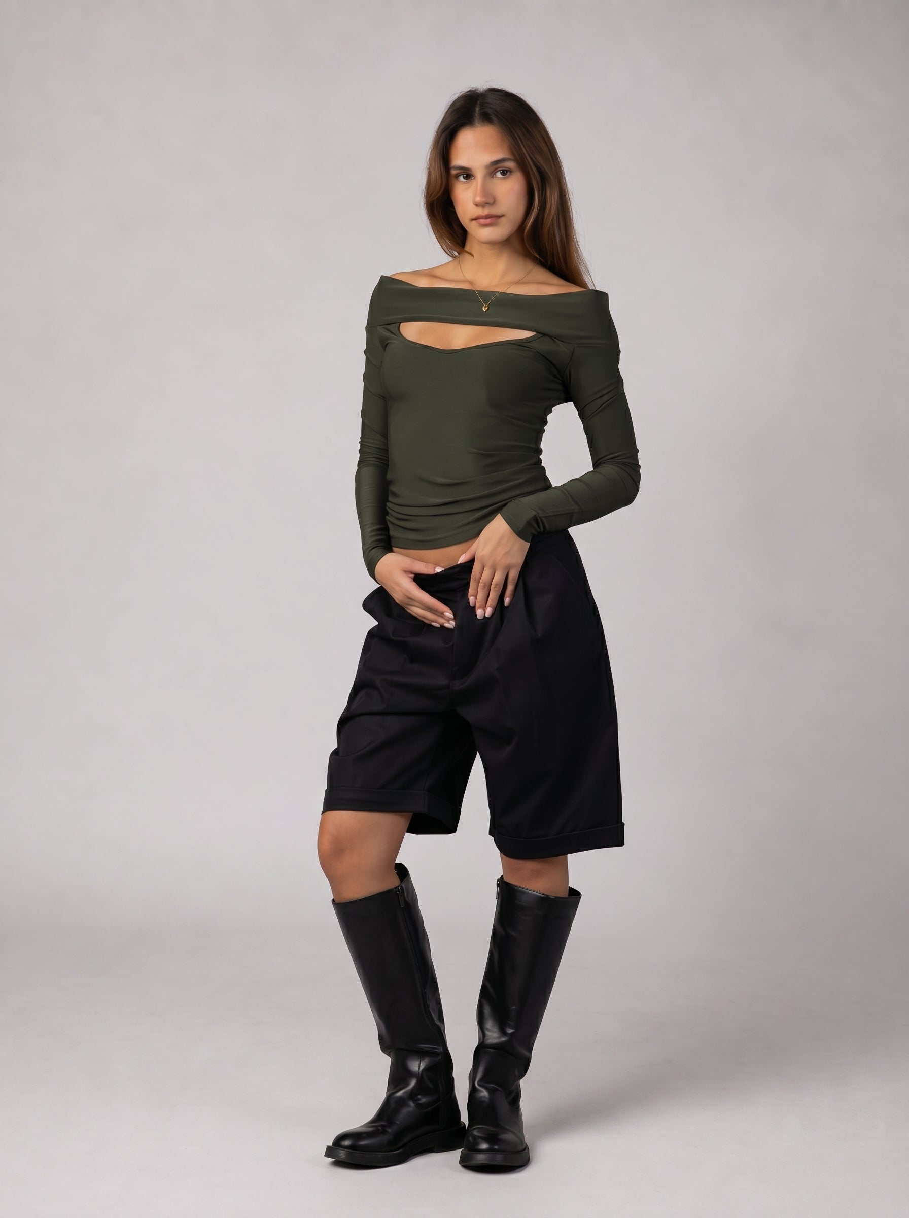 Off-Shoulder Cut-Out Top in Olive