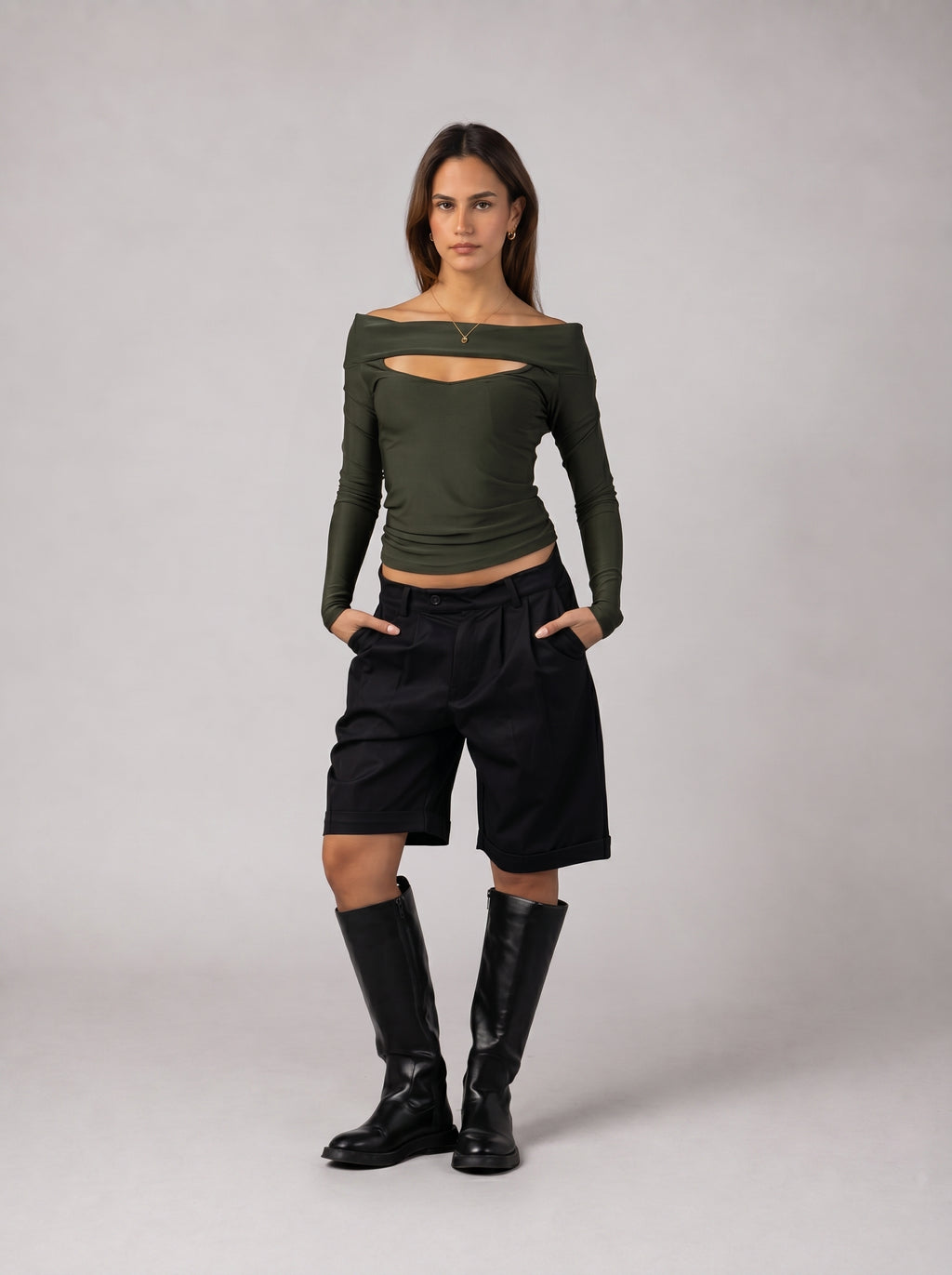Off-Shoulder Cut-Out Top in Olive