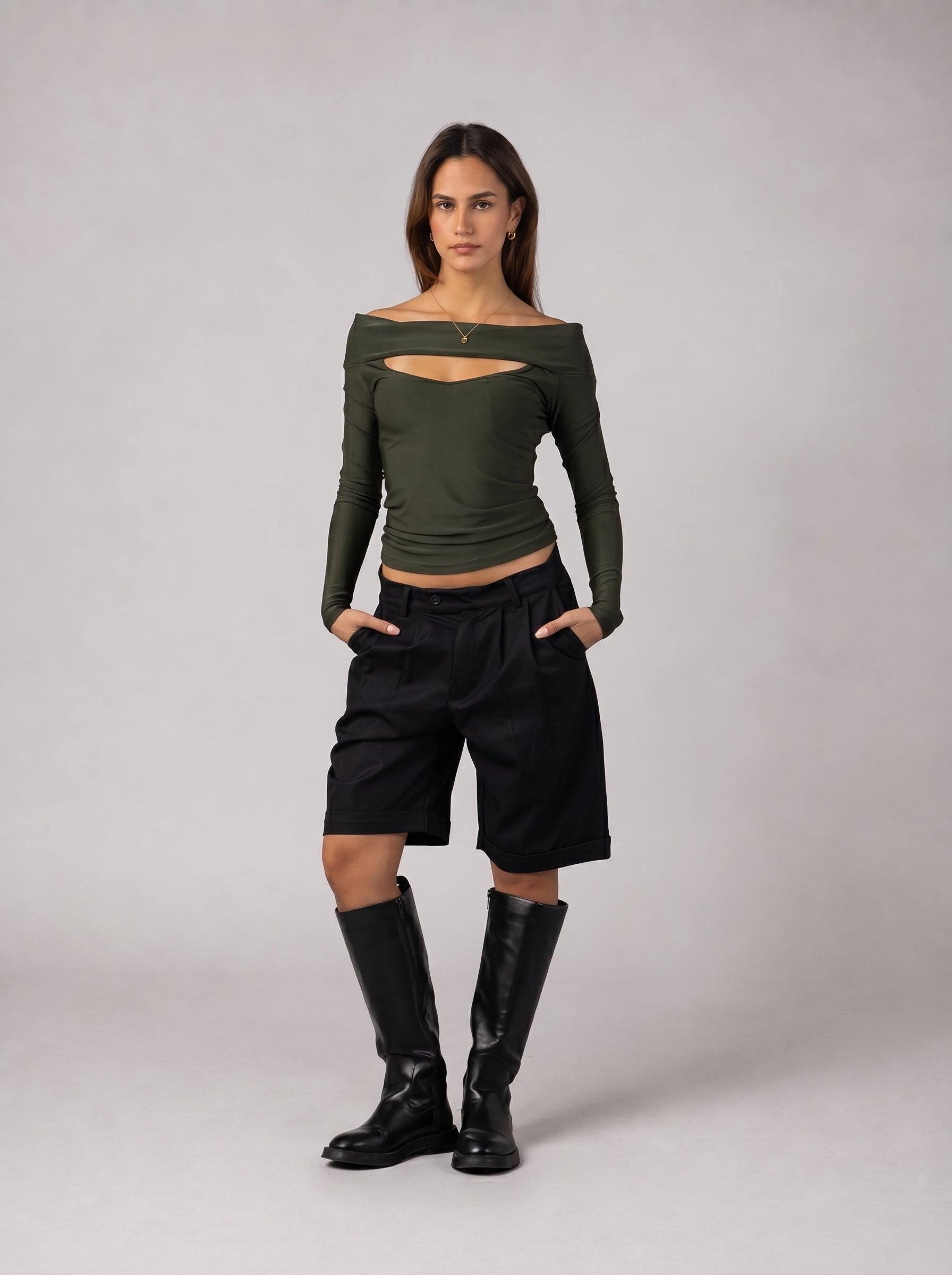 Off-Shoulder Cut-Out Top in Olive