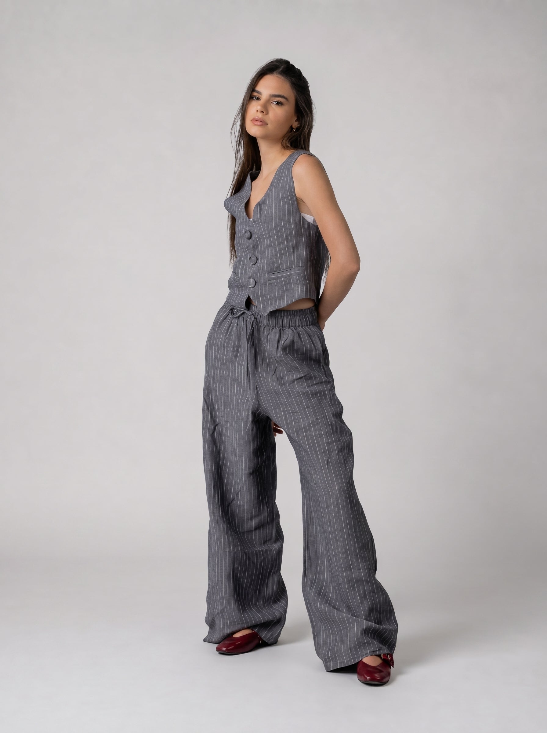 Vest Stripe Linen Set in Grey