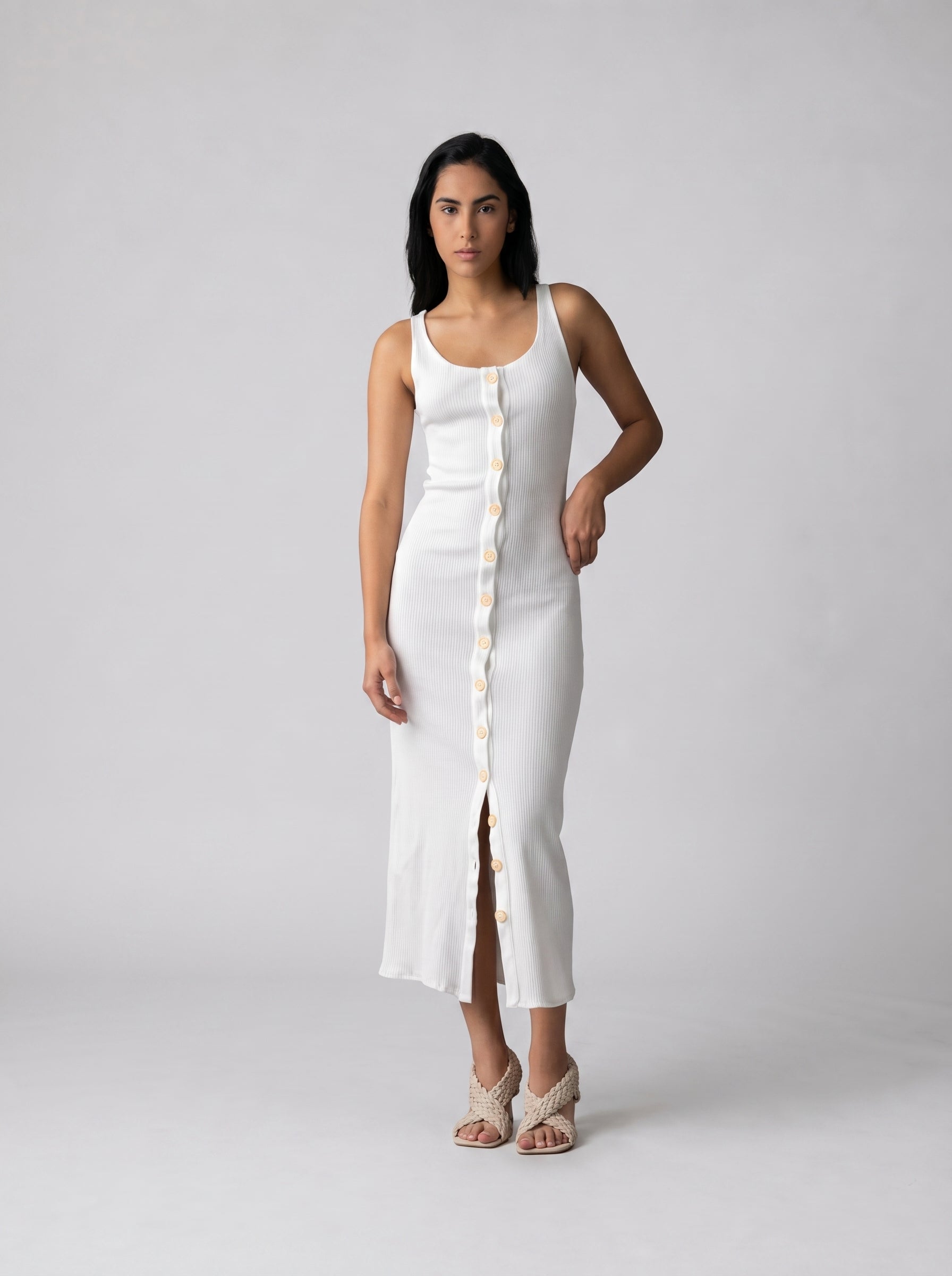Stretchy ribbed dress in White