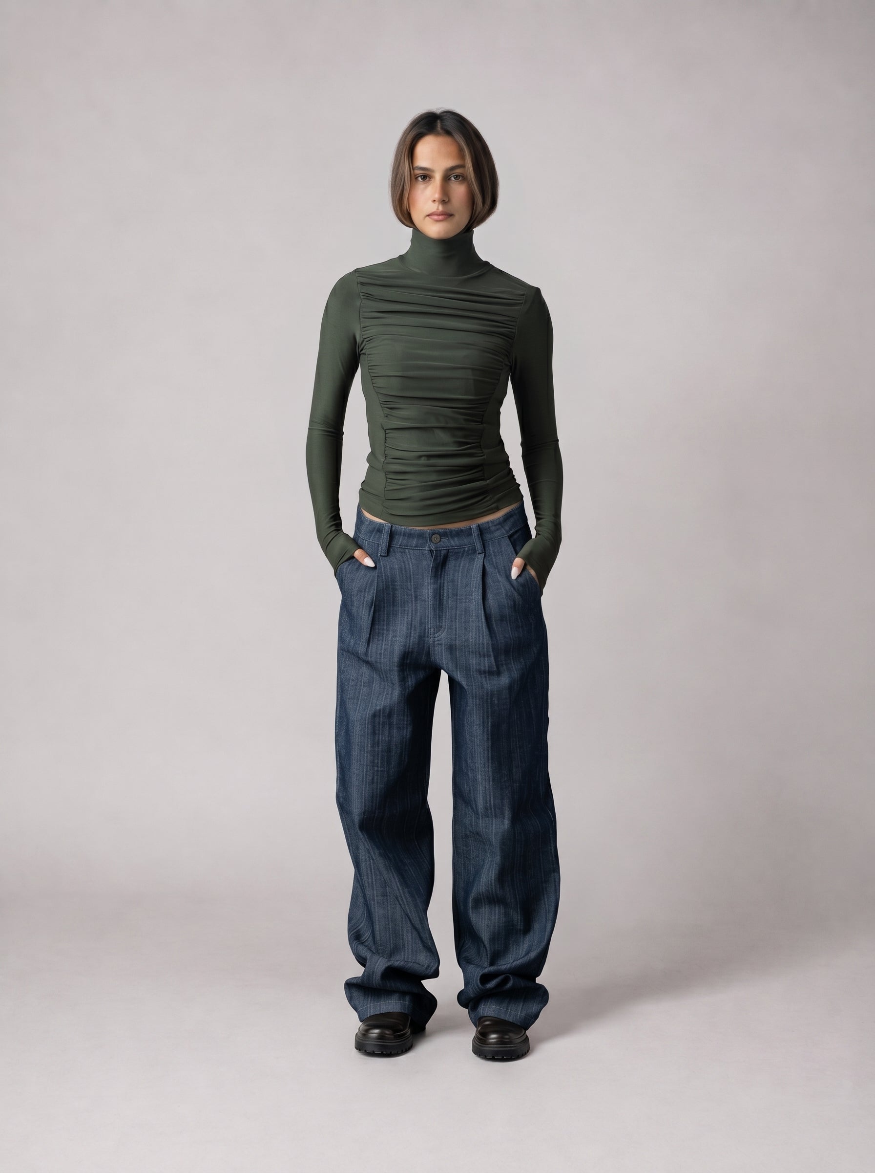 Draped High Neck Top in Olive