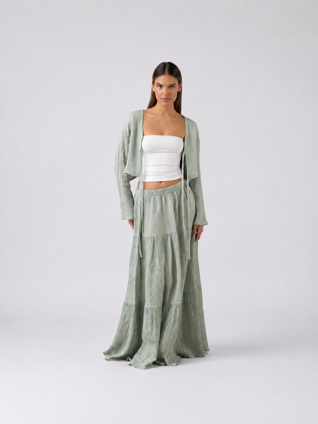 Slit skirt linen set in pistage