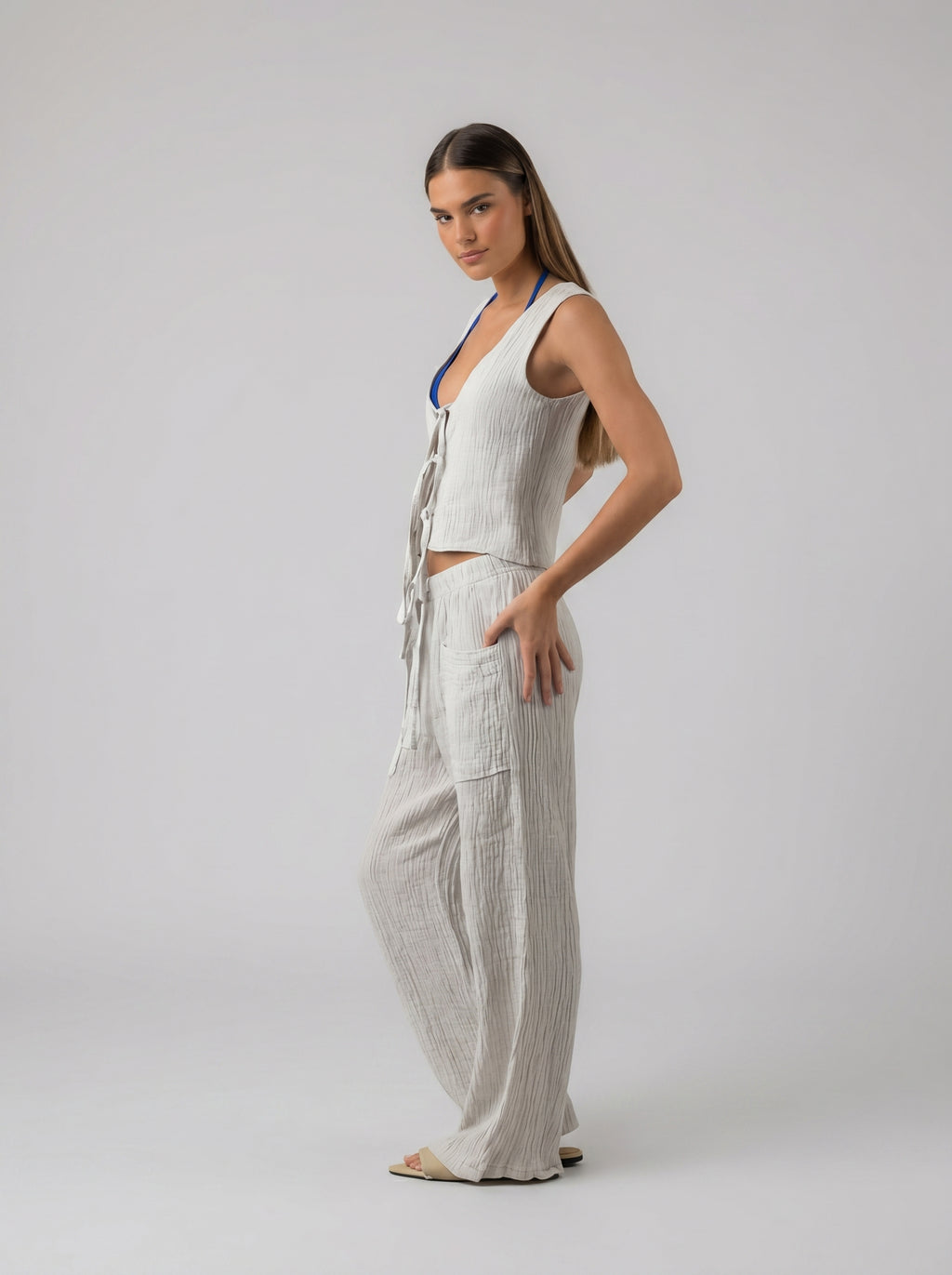 Tie Linen Set in Light Grey