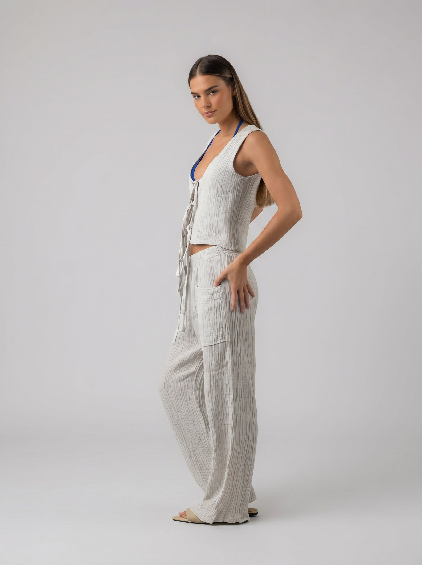Tie Linen Set in Light Grey