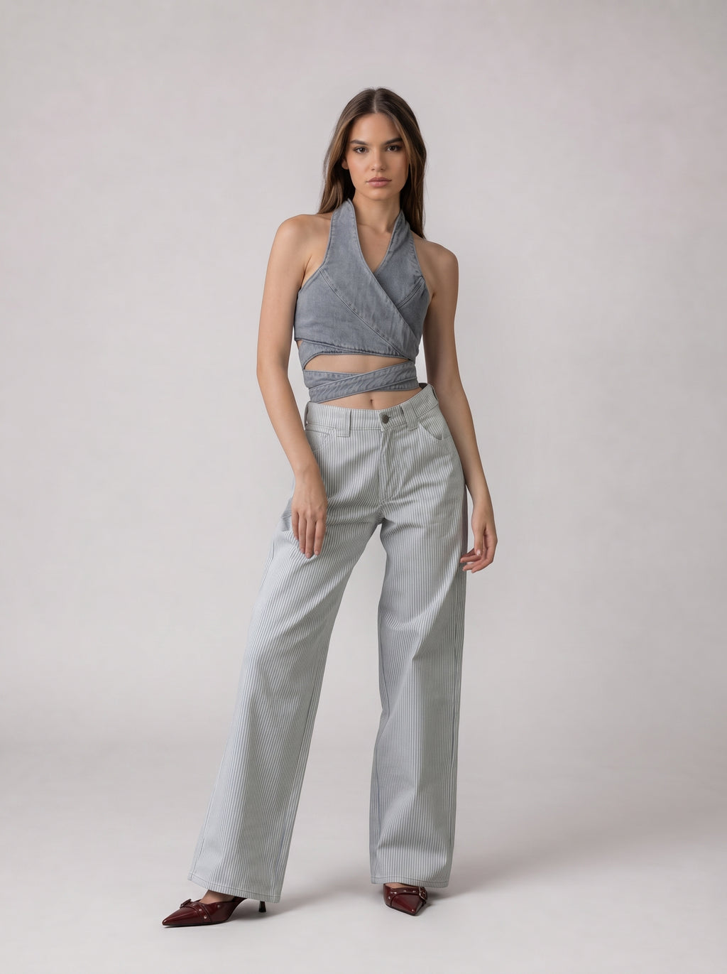 Wrap Denim Crop Top in Washed Grey
