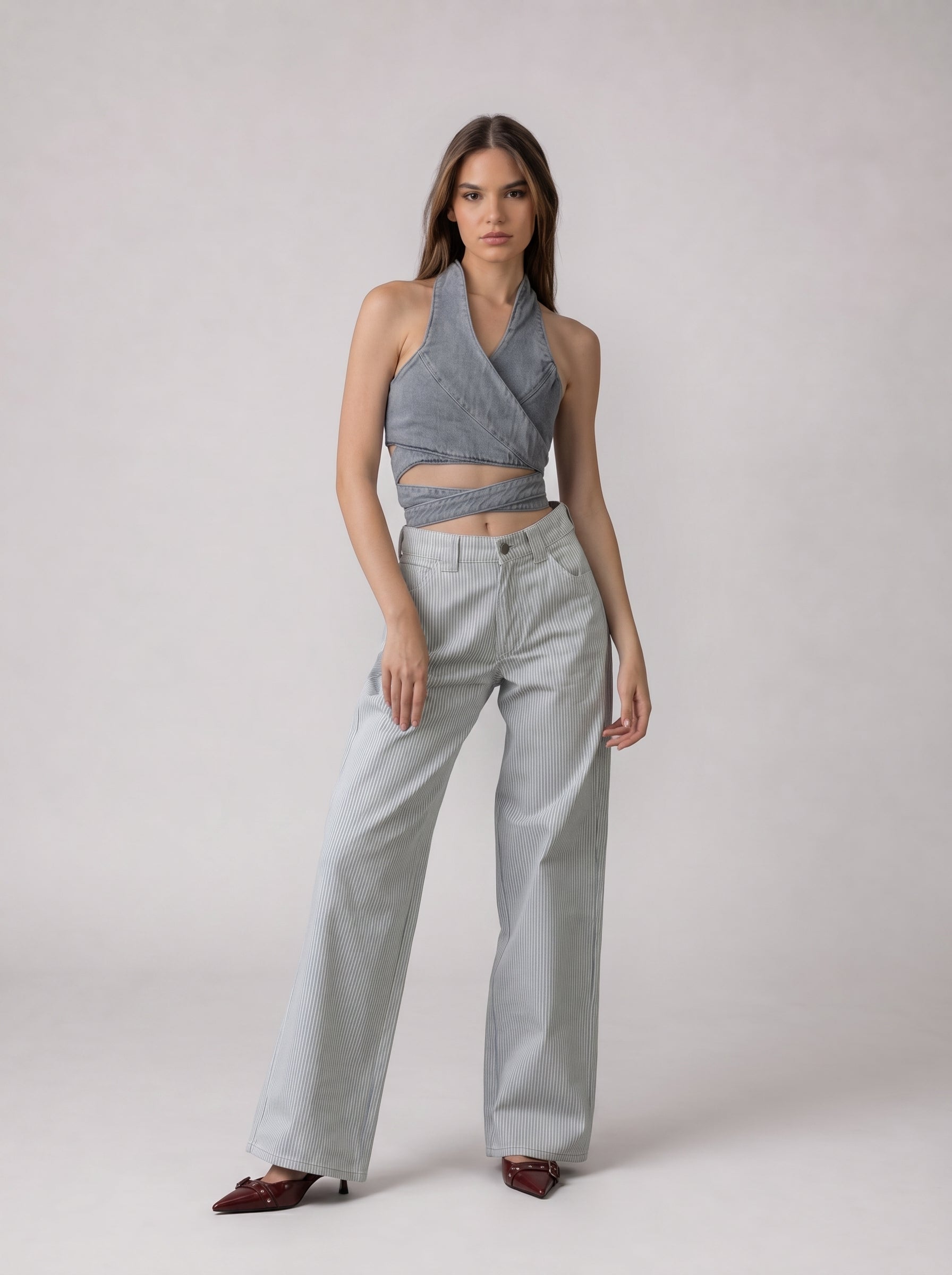 Wrap Denim Crop Top in Washed Grey